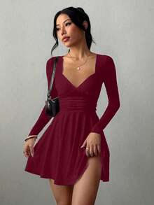 Sexy Fashion V-Neck Ruched Waist Hem Long Sleeve Mini Dress, Spring/Summer New Arrival Elegant - Burgundy - View 6