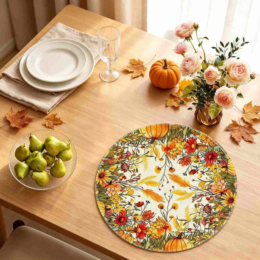 1/4/6pcs Autumn Collection Colorful Wildflower Pumpkin Hand-Painted Pattern Placemats, Suitable For Home Kitchen, Made Of Polyester Fiber, Kitchen Table Decoration, And Party Scene Decoration - Multicolor - View 1