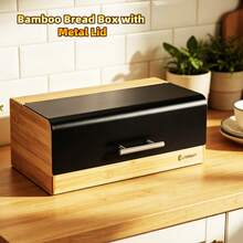 Large Bamboo Bread Box With Metal Lid, 36 * 20 * 13.5 Cm – Modern Kitchen Bread Storage Bin, Black & White Options - Black - View 8