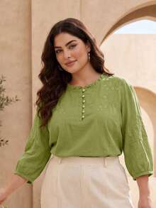 Women's Spring Summer Autumn Elegant Vintage Casual Minimalist Romantic Viscose Embroidered Lightweight Loose Fit Mid-Sleeve Plus Size Blouse, Commute Vacation Outing Versatile Holiday Daily Tea Party Embroidered Shirt, Summer Outfits, Casual Woman, Country Outfits - Green - View 2