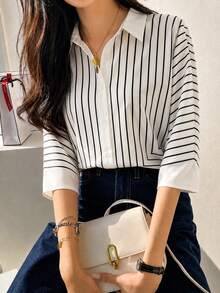 Women's Single-Breasted Casual Loose Striped Mid-Sleeve Shirt - Apricot - View 2