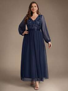 EVERPRETTY Plus Size Elegant Luxury Heavy Beaded Embroidered Mesh Patchwork Long Sleeve Navy Blue Formal Evening Gown Suitable For Party Wedding Guest - Navy Blue - View 6
