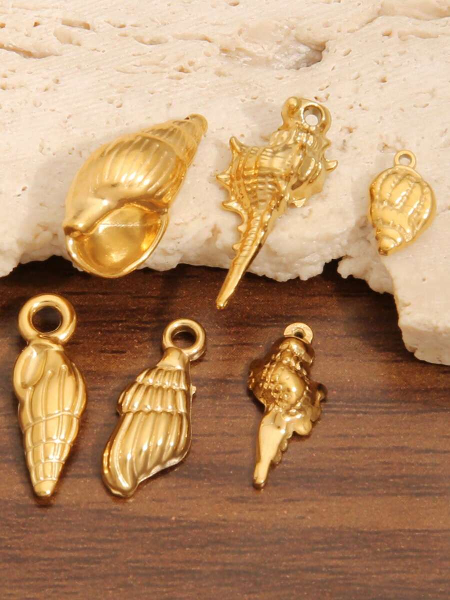 3 buah liontin temuan kerang laut stainless steel warna emas gaya fashion, charm kehidupan laut untuk membuat perhiasan DIY dan aksesori - liontin - View 1