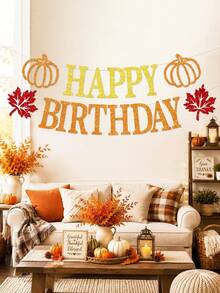 Pumpkin Happy Birthday Banner, Autumn Maple Leaf & Pumpkin Thanksgiving Birthday Party Decorations - Multicolor - View 5