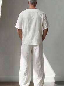 GOLDREDY Summer Plus Size Japanese Literary Style Men's Loose Crew Neck Short Sleeve Shirt Asymmetric Button Wide Leg Pants 2-Piece Set Thin Casual Outfit - White - View 2