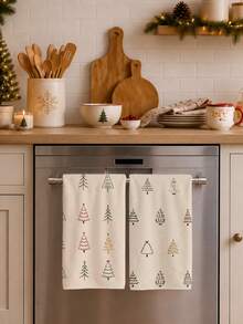 2PCS Minimalist Christmas Tree Pattern Kitchen Towels, Rectangular Soft Microfiber Polyester Material, Dish Cloth, Scouring Pad, Hand Towel, Cooking Baking Tea Towel, Christmas Kitchen Decor, Housewarming Gift, Birthday Gift, Bathroom Cleaning Cloth, Decorative Towel - Apricot - View 1