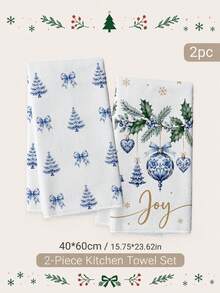 2PCS Kitchen Towels Blue Christmas Tree Illustration Pattern Print 40*60cm Minimalist Style Rectangular Microfiber Soft Kitchen Towels, Dish Cloths, Tablecloths, Hand Towels, Christmas Home Decor, Bathroom Kitchen Decor, Housewarming Gift For Neighbors, Perfect For Kitchen And Bathroom Use, Suitable For Housewives And Family Gatherings, High Cost-Performance, Household Essential - White - View 9