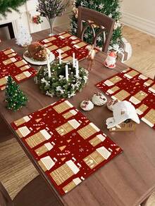 1pc Christmas Pattern Printed Table Runner, 4pcs Christmas Pattern Printed Placemats, Suitable For Holidays, Parties, Birthdays, Dinner Parties, Kitchen Dining Table Decoration, All Season Room Decor, Home Textile Table Runner - Multicolor - View 9