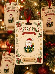 1 Set Santa Claus Enamel Brooch With Decorative Back Card, Lapel Pin For Jacket, Bag, Hat, Cute Red & Green Gift Box Design, Holiday Accessory For Office Party, Christmas Stocking, Gift Exchange, Adults Men & Women, Christmas Holiday Party Favor - Multicolor - View 10