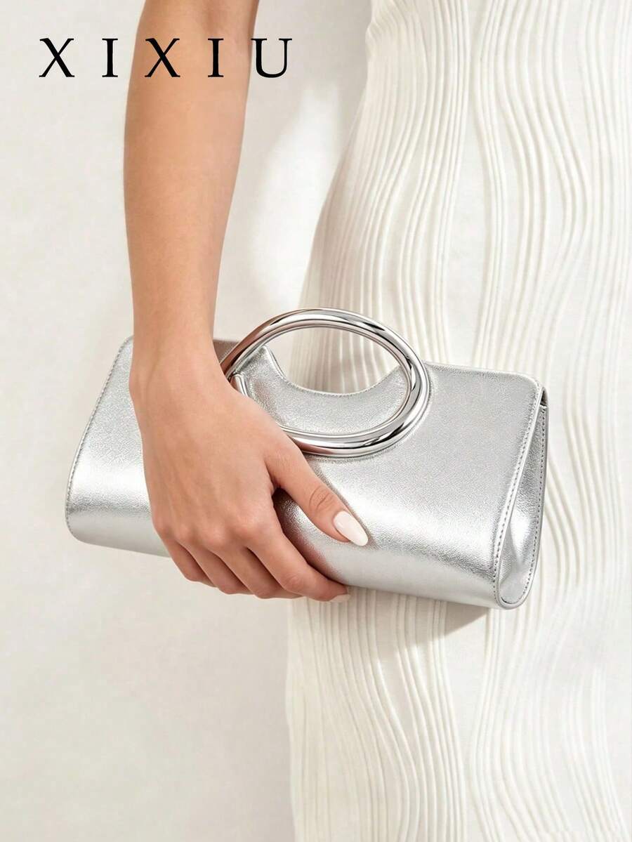 Minimal Evening Clutch, Long Rectangular Hard Frame Bag, PU Leather, Curved Silver Ring Handle, Women Stylish Handbag For Wedding & Evening Banquet - Silver - View 1