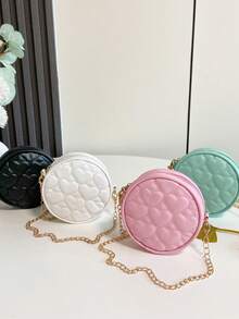 1pc Zipper Closure PU Leather Embroidered Heart Children's Shoulder Bag, Solid Color Embroidered Chain Small Round Bag For Girls - A - View 1