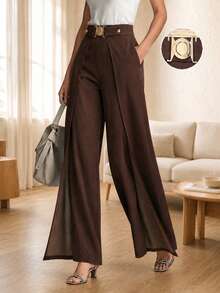 Women's High Waist Wide Leg Trousers, Pleated Tailored Pants With Belt Detail, Elegant Loose Fit Workwear For Office & Daily Wear - Coffee Brown - View 6