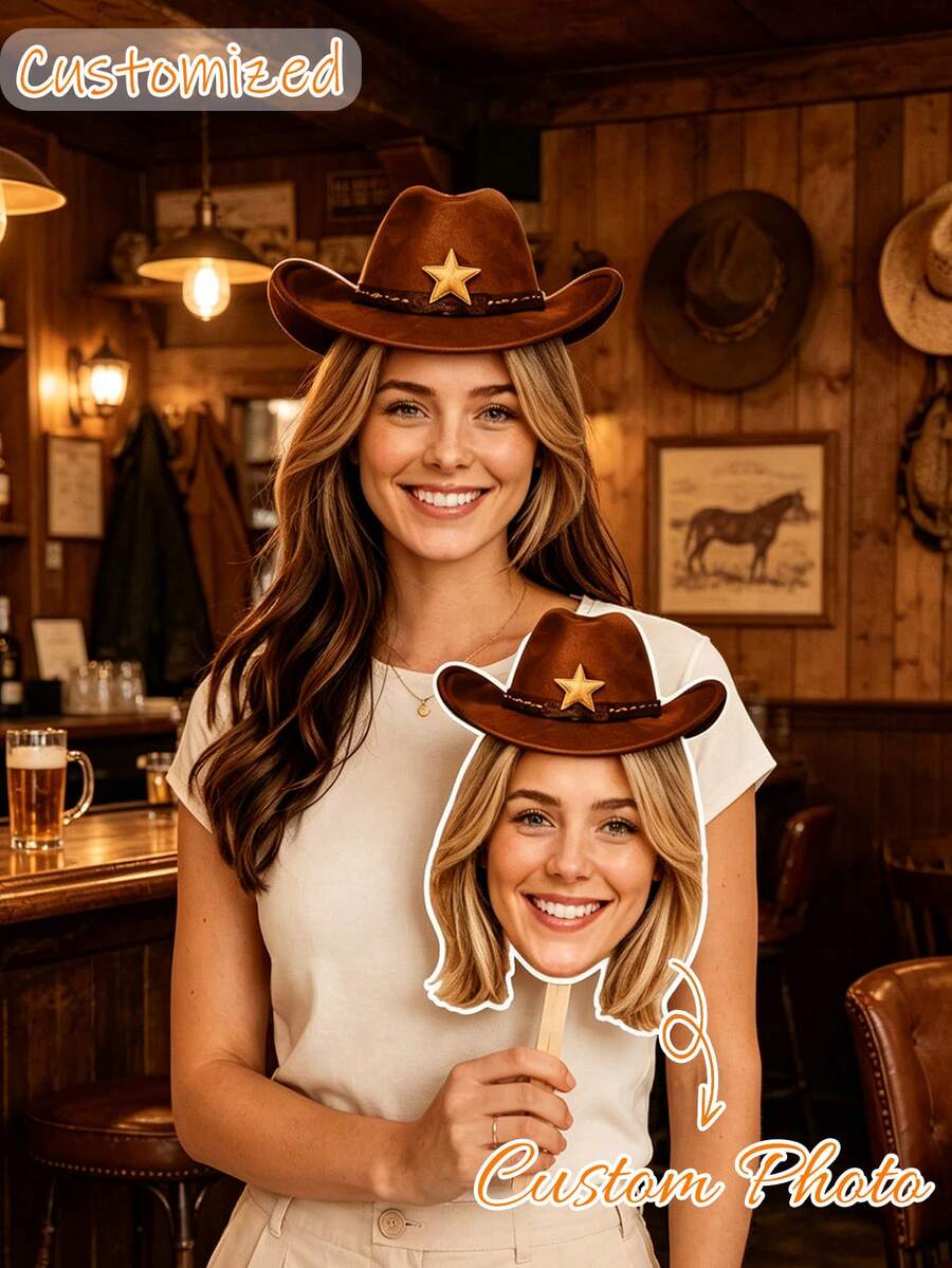 Custom Large Handheld Face Sign - Personalized Hollow Design, Printed With Groom And Bride's Faces, Head Image Mounted On Handle - Multicolor - View 1
