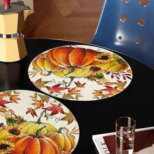 1/4/6pcs Autumn Collection Harvest Pumpkin & Maple Leaf Hand-Painted Pattern Placemats, Polyester Fiber, Suitable For Home Kitchen, Kitchen Table Decoration And Party Scene Decoration - Multicolor - View 6