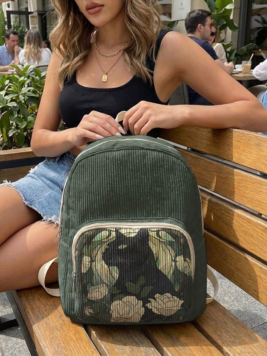 1 Piece Backpack, Women's Mini Backpack, Corduroy Girl's School Bag, Travel Storage Bag, Kitten‑Printed Design, Large‑Capacity Foldable Easy‑To‑Store Bag, Lightweight And Pressure‑Relieving, Multi‑Pocket Layered Design With Zipper Closure - Flower Kitten 21009 - View 1