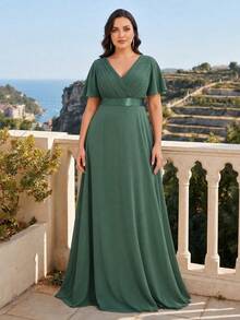 EVERPRETTY Plus Size Elegant V-Neck Ruched Bust Emerald Green Bridesmaid Dress, Wedding Guest Formal Dress For Wedding Dinner, Special Occasion Spring Fall Party - Green - View 9