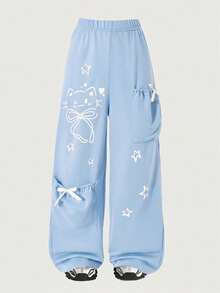 Lurzo Girls' Fashionable Cute Cat & Star Print Casual Pants, Light Gray Bow Pocket, Suitable For Spring, Summer, Autumn, Winter - Baby Blue - View 3