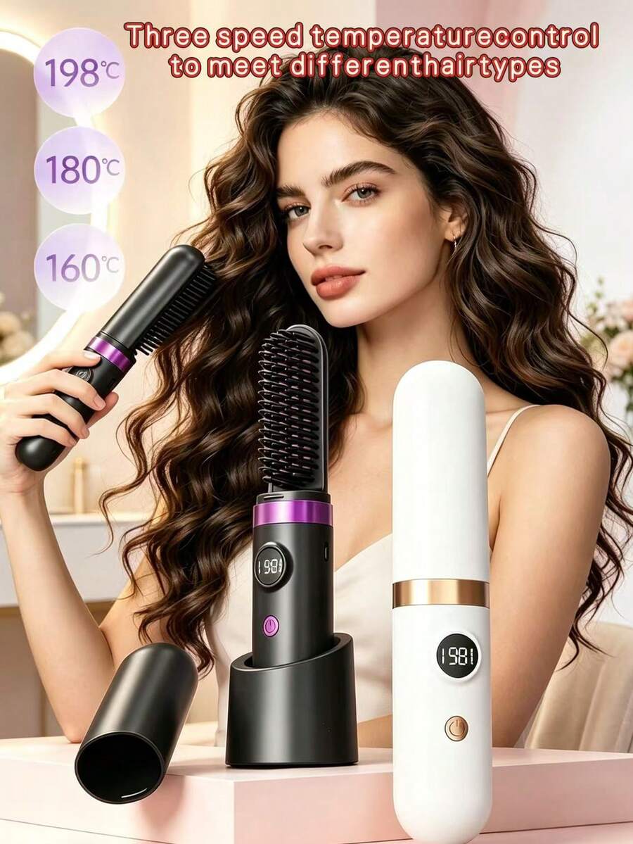 2-In-1 Rechargeable Hair Straightener Brush,Curling Iron,Wireless Portable Hair Straightener With Heating Protection,2-In-1 Hair Straightener With LED Digital Display,Suitable For Dorm,Home,Great Gift Idea,Holiday Essentials,Travel Essentials