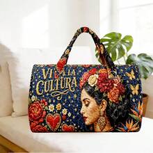 1pc Navy Blue Quilted Cylindrical Handbag, Mexican Style Floral Pattern, Women's Halloween, Thanksgiving, Christmas Gift, Random Print - Multicolor - View 5