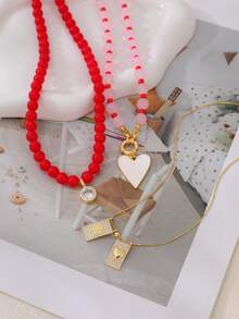 1pc Elegant Ins Style Exquisite Copper Geometric Square Zirconia Inlaid Heart & Portrait Glass Beaded Seed Bead Necklace For Women, Suitable For Outings, Shopping, Daily Casual, Parties, Travel, Fashionable Charming Women's Jewelry, Beaded Jewelry, Heart Jewelry, Wedding Season Gift, Christmas - Red - View 4