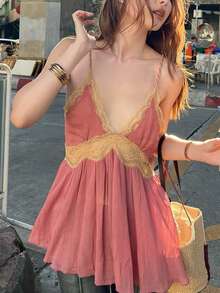 Top Dazzle Women's Fashion Pink Spaghetti Strap Camisole, Ruffle Collar Design With Delicate Lace Trim, Suitable For Summer - Pink - View 3