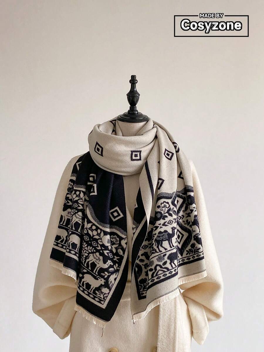 1pc Faux Cashmere Vintage Nomad Pattern Jacquard Warm Scarf For Women, Air Conditioning Room Blanket, Autumn/Winter Bohemian Style, Outdoor Travel, Cold Protection, Neck Guard, Soft Decorative Scarf Shawl Dual Use, Suitable For Daily Matching, First Choice For Gift - Black - View 1