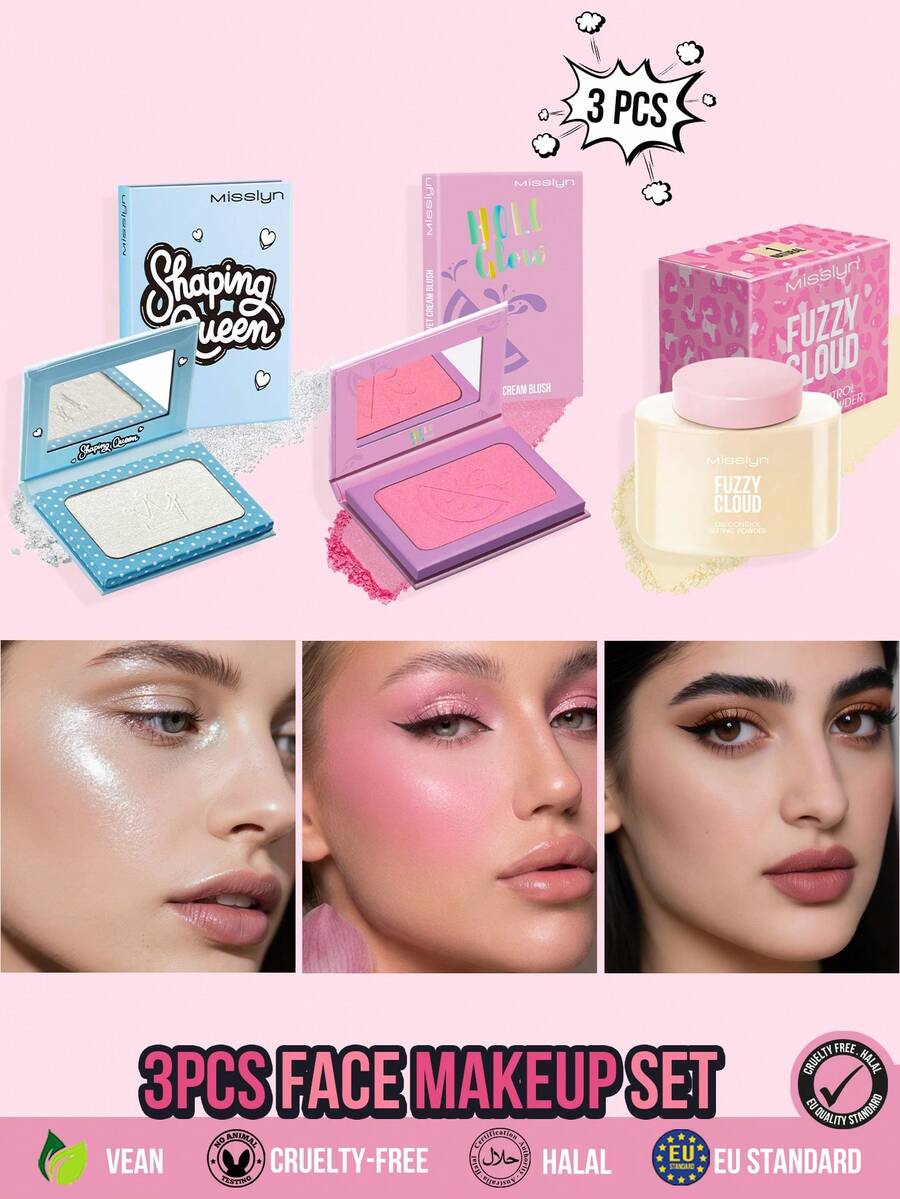 MISSLYN 3Pcs Shaping Queen Highlighter & Holo Glow Velvet Cream & Fuzzy Cloud Setting Powder Set, Radiant Velvet Blur, Long-Lasting Shine & Matte, Face Set Highlighter/Base/Powder, Daily/Party/Summer, Y2K/Soft Glam/Glass Skin, Makeup Kit - #1+#1+#01 - View 1