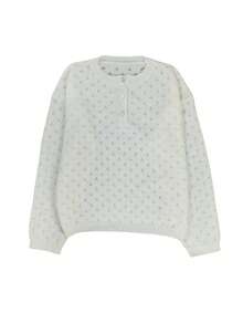 Plus Size Henley Neck Hollow Out Knit Sweater, Long Sleeve Button Detail Pullover Jumper For Fall Winter Daily Street Vacation Wear White - White - View 10