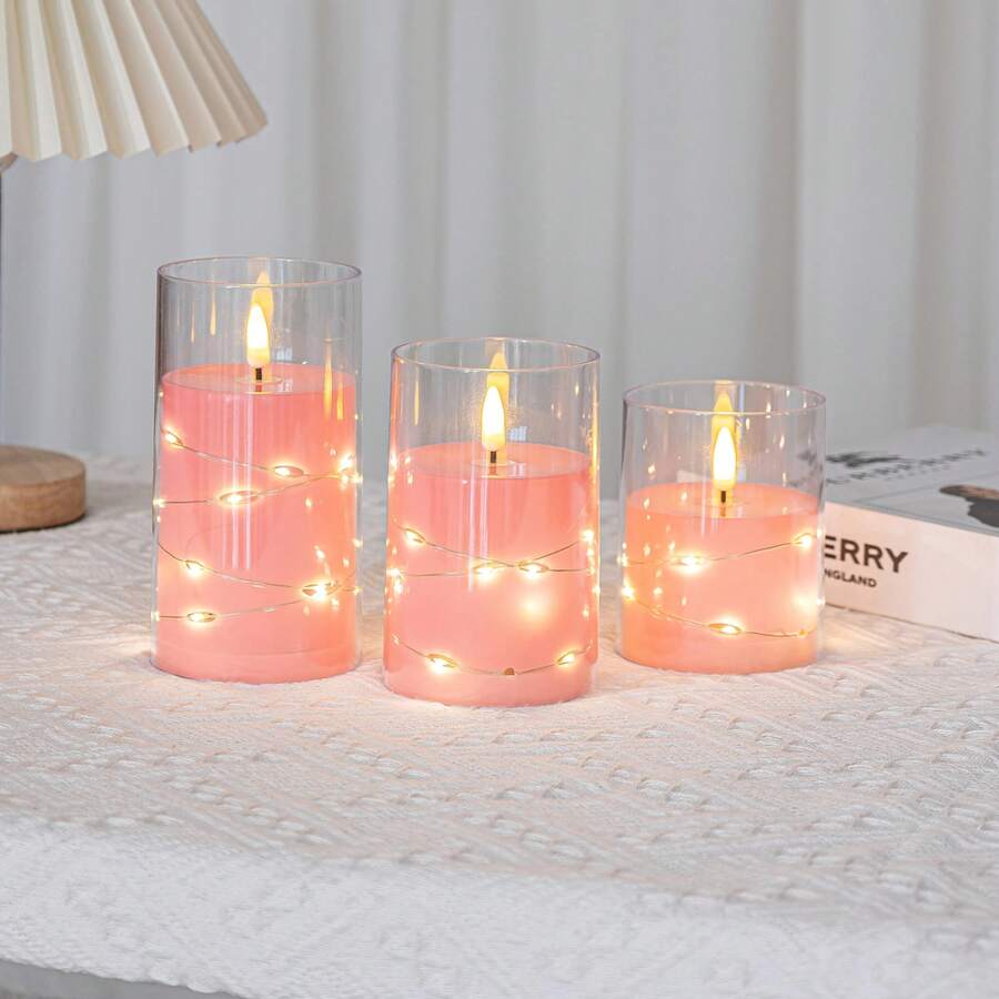 Flameless Pillar LED Candle, 1pc Pink Electronic Candle Set With Realistic Flickering Flame, Suitable For Party, Wedding And Home Decor (Batteries Not Included) - Pink Fairy Light Candle - View 1