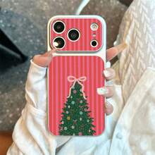 1pc TPU Pink Striped Christmas Tree Pattern Phone Case Suitable For Apple 17promax/17/16promax/15/13/12/11 Large Window Skin Full Coverage Anti-Fall Soft Shell Phone Protective Cover - Silver - View 2