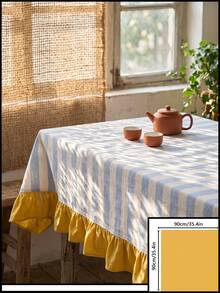 1pc Blue & White Large Plaid With Bright Yellow Ruffle Edge Tablecloth, Lively Pastoral Style Fabric Material, Rectangular Yellow Ruffle Edge Patchwork Detail Decoration, Functional Home Long Tablecloth Suitable For Family Gatherings And Vibrant Home Decor Scenes - Blue - View 17