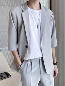 Men's 3/4 Sleeve Korean Style Casual Fashion Loose Fit Blazer Jacket - Light Grey - View 4