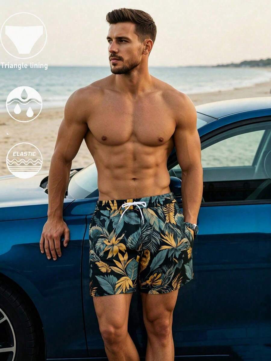 Men's Summer Surfboard Shorts, Palm Tree Print, Adjustable Waist Swim Trunks