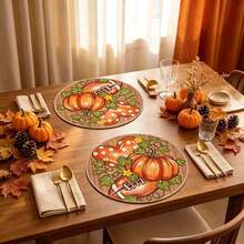 1/4/6pcs Autumn Collection Wood Grain Bottom Football Heart Pumpkin Hand-Painted Pattern Placemats, Suitable For Home Kitchen, Made Of Polyester Fiber, Kitchen Table Decoration, And Party Scene Decoration - Multicolor - View 3
