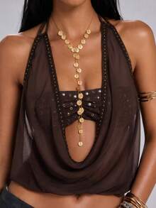 1pc Personalized Metal Disc Tassel Long Necklace, Minimalist Geometric Disc Patchwork Design, Layerable Decorative Necklace, Fashion Accessory For Daily Wear - Gold - View 3