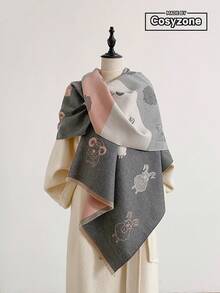 1pc Faux Cashmere Cute Cartoon Lamb Pattern Jacquard Warm Scarf For Women, Air Conditioning Room Blanket, Autumn/Winter Outdoor Travel Cold Protection Neck Warmer, Soft Decorative Scarf Shawl Dual-Use, Suitable For Daily Matching, First Choice For Gift Giving - Grey - View 1