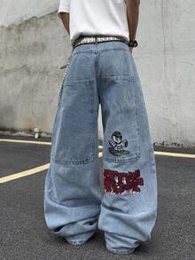Hearty Haven 1pc American Street Style Embroidered Men's Wide Leg Jeans With Large Pockets, Comfortable Loose Fit, Draped Wash, All Season Long Pants - No Belt And Accessories - Blue - View 5