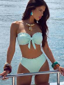 Women's Striped Printed Strapless Lace High Waisted Swimwear Detachable Shoulder Strap Bikini 2 Pieces Set - Multicolor - View 1