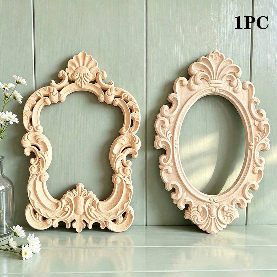 1pc Creative European Style Unpainted Wooden Carved Photo Frame Mirror Frame Home Decor, Unpainted Wood Material, Woodworking Supplies, Scrollwork, Suitable For Wedding Decoration - Home Decor - Holiday Gift - Multicolor - View 1