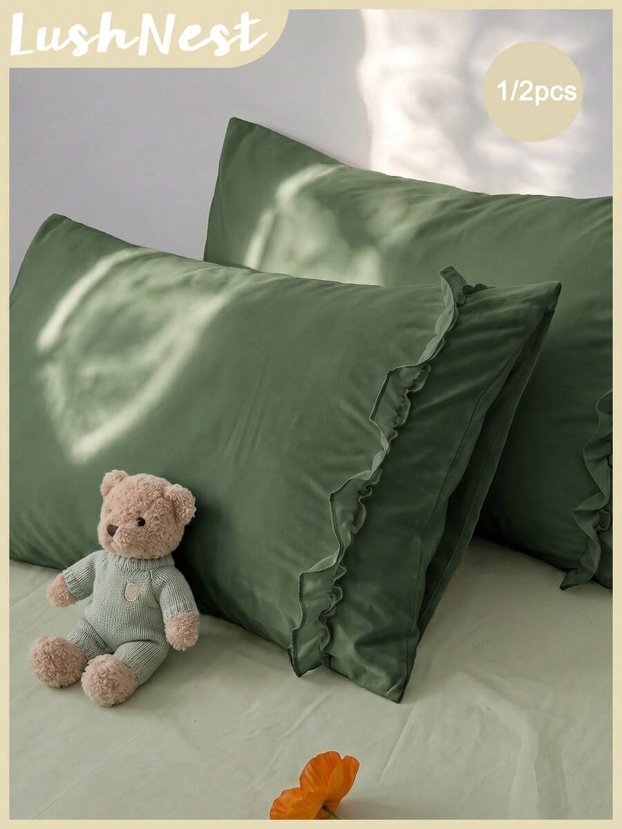 1pc/2pcs Solid Army Green Pillowcase With A Bow And Ruffle Trim (Without Insert), Polyester Fiber Comfortable And Breathable Suitable For All Seasons, Applied To Bedroom Scenes And Home Decoration, Simple Classic Style, Cozy Bedding, Home Decor - Army Green - View 1