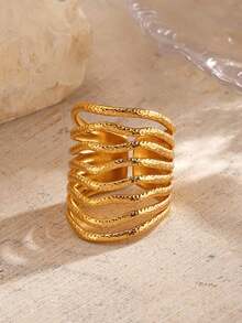 1pc Stainless Steel 18K Gold Plated Hammered Textured Wide Band Open Ring, Personalized Women's Ring Suitable For Daily Wear And Shopping - Line Ring - View 5
