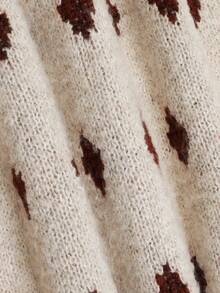 minisummer Kardigan Rajut Jacquard Motif Berlian Warna Beige Elegan untuk Wanita Musim Gugur, Sweater Coat Kerah Bulat Kancing Depan Lengan Panjang dengan Saku - Unta - View 6