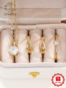 1 Set Of 4 Elegant Cubic Zirconia Necklace, Ring, Earrings, Women's Wedding Anniversary Gift (Gift Box Not Included) - 1# - View 3