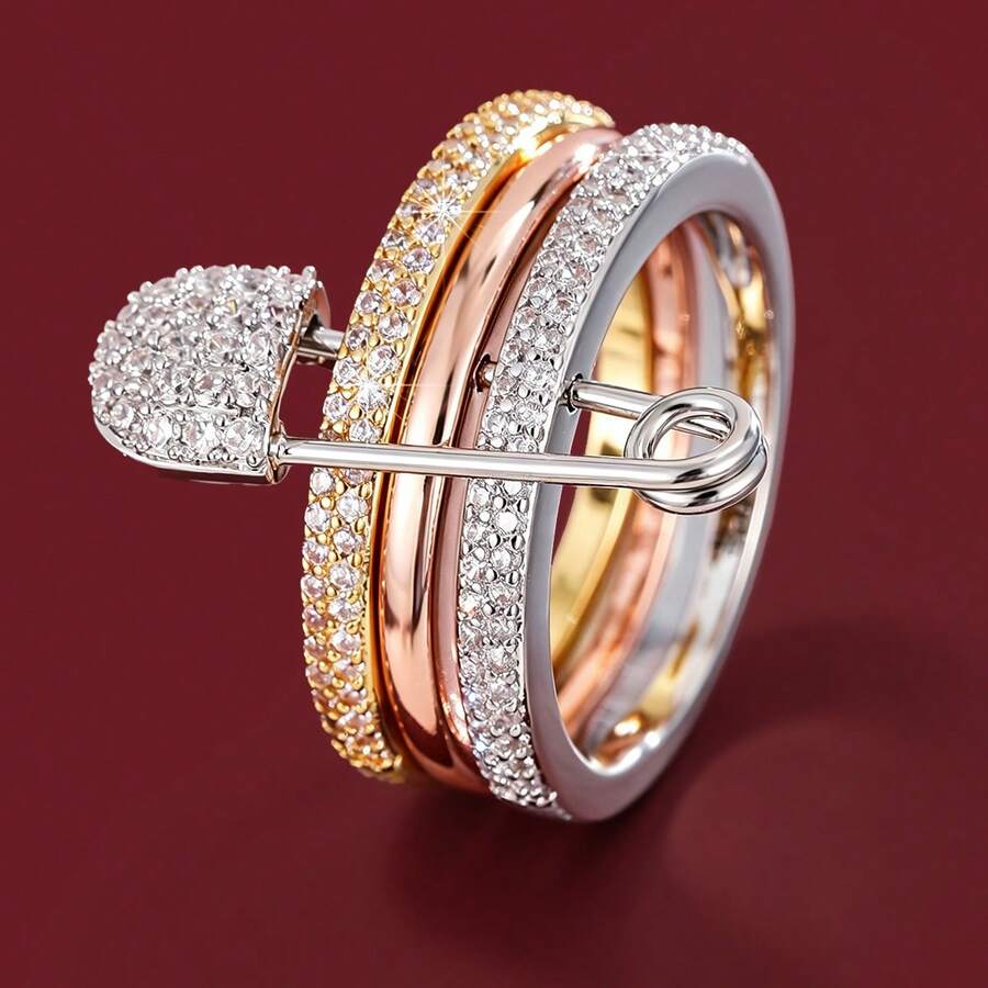 1pc Fashionable Detachable Three-Ring Design Cubic Zirconia Inlaid Women's Ring - Multicolor - View 1