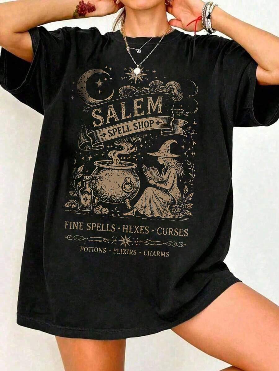 This Vintage Salem Witch Print Plus Size Short Sleeve Crew Neck T-Shirt Is The Perfect Choice For Women's Daily Commute And Halloween - Black - View 1