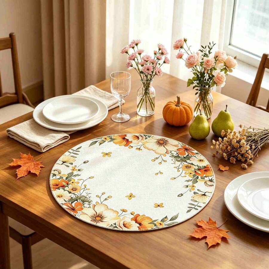 1/4/6pcs Autumn Collection Warm Orange Floral Butterfly Wreath Hand-Painted Pattern Placemats, Made Of Polyester Fiber, Suitable For Home Kitchen Table Decoration And Party Scene Decoration - Multicolor - View 1