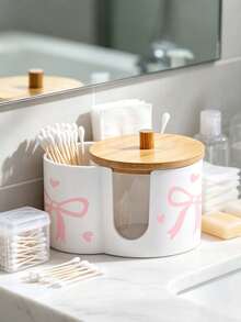 2 Grid Cotton Pad Swab Box,Cute Bow Print Makeup Organizer Box With Bamboo Lid,Desktop Cosmetic Container With Double Round Holes,For Bathroom Vanity - Multicolor - View 9
