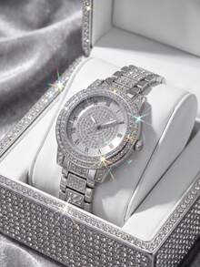 JasonRolls 5件組女士手錶與珠寶套裝，簡約時尚奢華全水鑽羅馬數字錶盤優雅石英手錶，合金材質搭配水鑽珠寶套裝，適合日常穿著、假日派對、聚會、情人節、母親節、婚禮、週年紀念、聖誕節等場合，送給家人、朋友和女友的完美節日禮物 - 彩色 - 查看 2