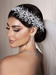 1pc Exquisite Charming Rhinestone Chain Braided Crystal Decorated Headband Wedding Party Accessory Bridal Bridesmaid Headband - Silver - View 5