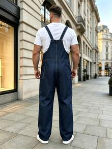 Men's Raw Denim Dungarees Contrast Stitch Straight Leg Overalls - Navy Blue - View 3